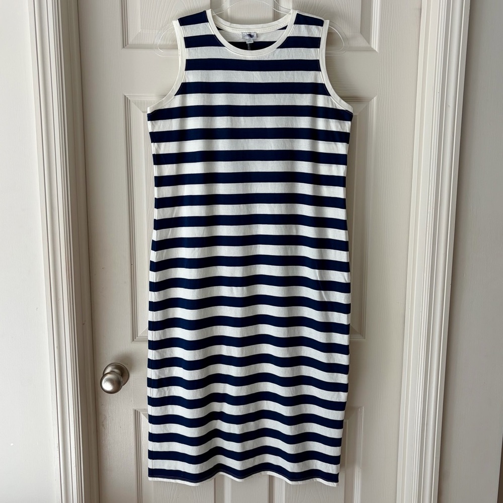 J. Crew Navy and White Striped Midi Dress Nautical Classic Preppy Coastal